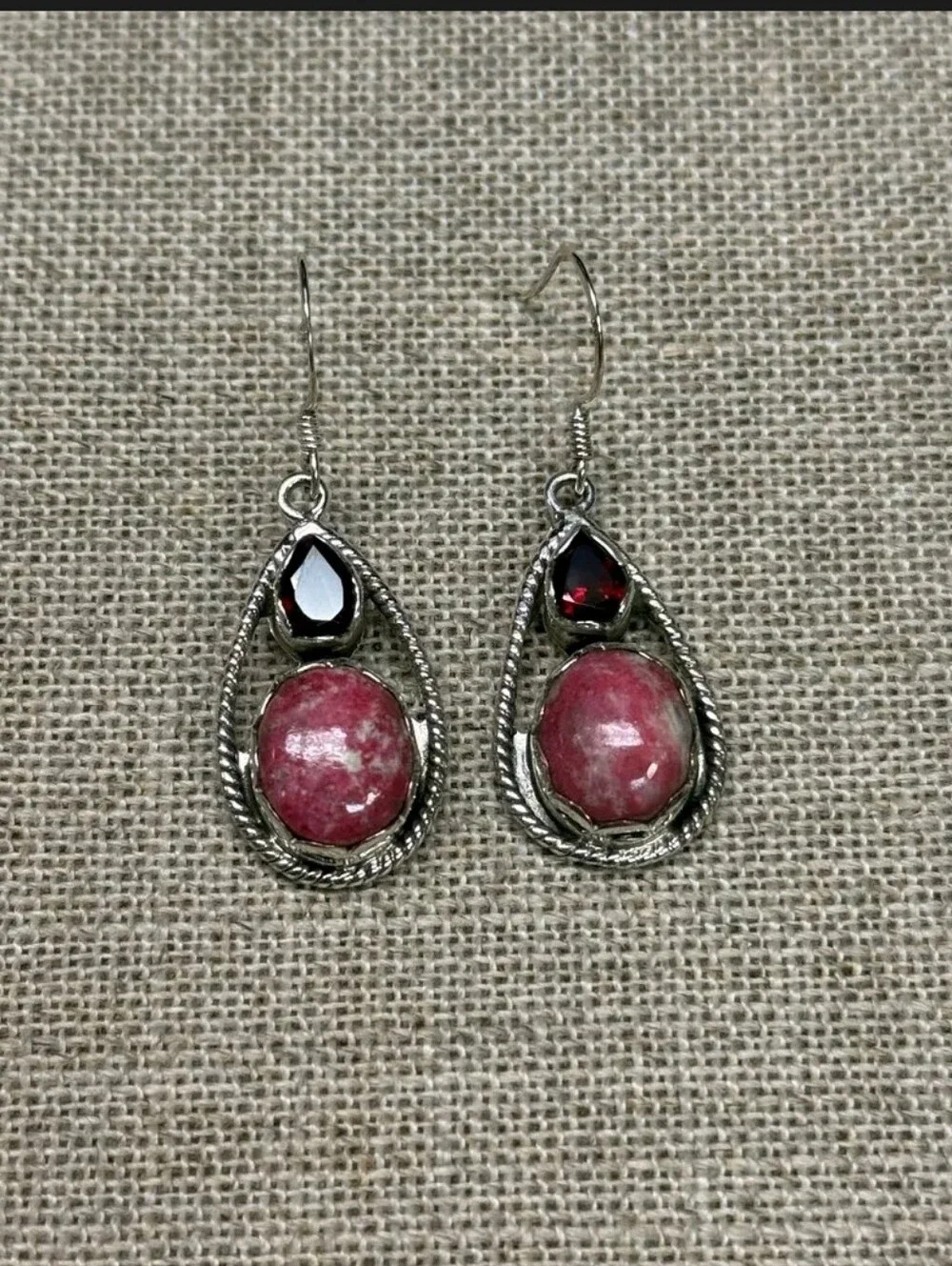 Sterling Silver Norwegian Thulite & Mozambique Garnet Dangle Earrings